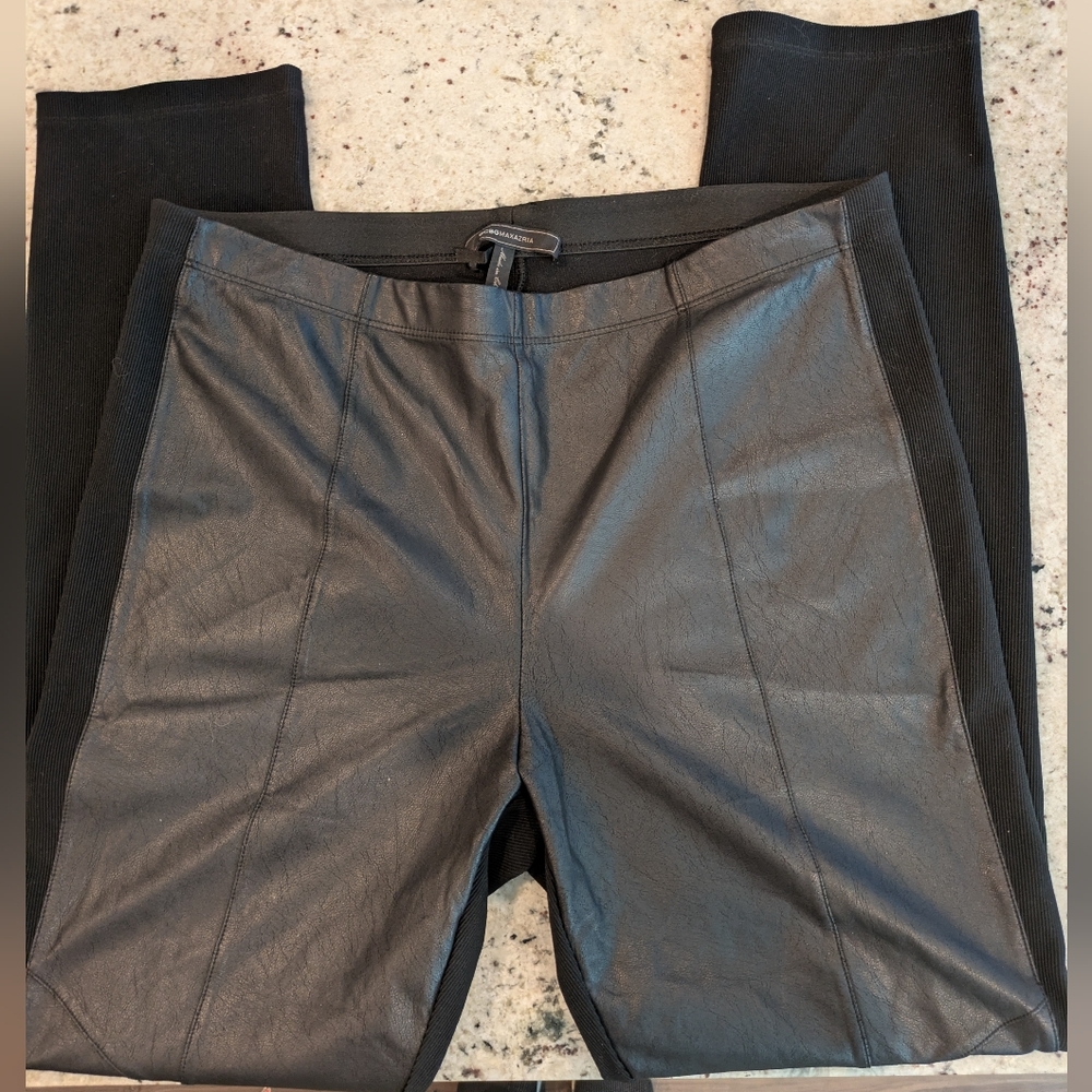 BCBG Max Azria Sasha Ponte Leggings Black Pull On Skinny Pants Faux Leather L